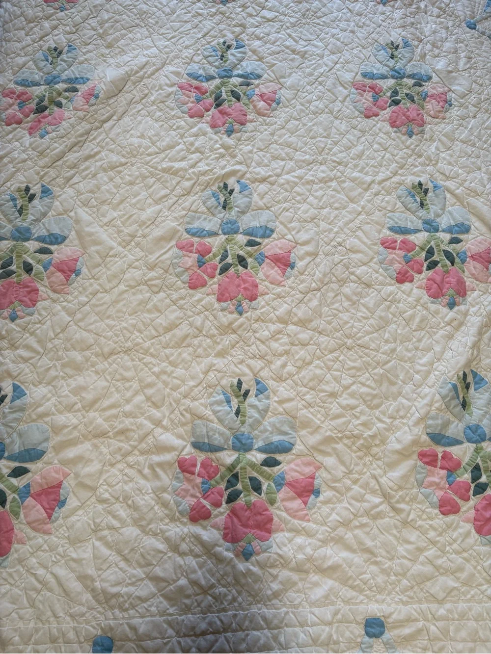 Handmade Floral Quilt Bedspread in Pink, Blue and Green